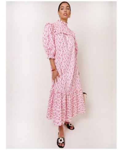 Women Dress 2022 Spring/Summer Pink Floral Puff Sleeve Loose Casual Ladies Long Dress $81.27 - Dresses