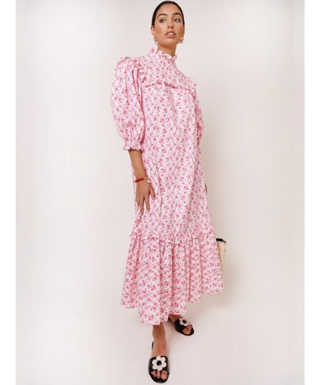 Women Dress 2022 Spring/Summer Pink Floral Puff Sleeve Loose Casual Ladies Long Dress $81.27 - Dresses