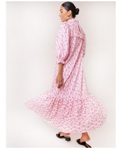 Women Dress 2022 Spring/Summer Pink Floral Puff Sleeve Loose Casual Ladies Long Dress $81.27 - Dresses