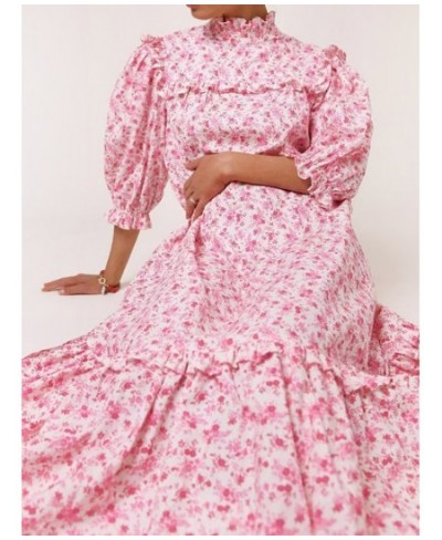 Women Dress 2022 Spring/Summer Pink Floral Puff Sleeve Loose Casual Ladies Long Dress $81.27 - Dresses