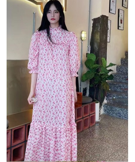 Women Dress 2022 Spring/Summer Pink Floral Puff Sleeve Loose Casual Ladies Long Dress $81.27 - Dresses