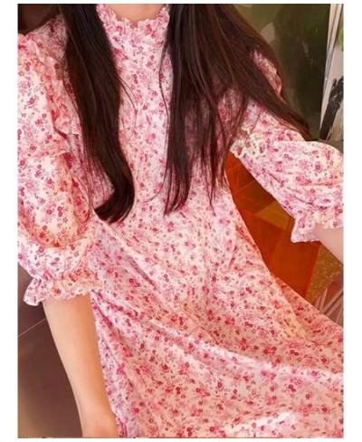 Women Dress 2022 Spring/Summer Pink Floral Puff Sleeve Loose Casual Ladies Long Dress $81.27 - Dresses