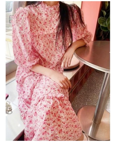 Women Dress 2022 Spring/Summer Pink Floral Puff Sleeve Loose Casual Ladies Long Dress $81.27 - Dresses