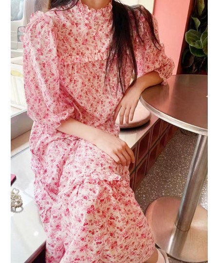 Women Dress 2022 Spring/Summer Pink Floral Puff Sleeve Loose Casual Ladies Long Dress $81.27 - Dresses