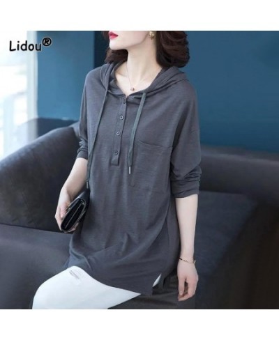 Autumn Winter Straight Pullovers Solid Casual Button Thin Long Sweatshirts Drawstring Hooded Women's Clothing 2022 Korean $31...