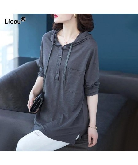 Autumn Winter Straight Pullovers Solid Casual Button Thin Long Sweatshirts Drawstring Hooded Women's Clothing 2022 Korean $31...