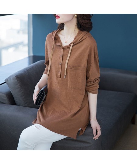 Autumn Winter Straight Pullovers Solid Casual Button Thin Long Sweatshirts Drawstring Hooded Women's Clothing 2022 Korean $31...