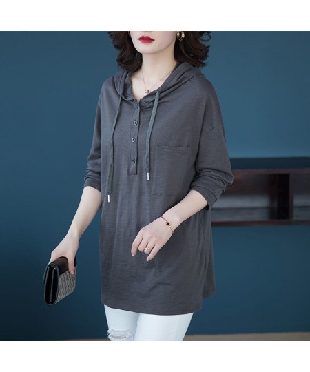 Autumn Winter Straight Pullovers Solid Casual Button Thin Long Sweatshirts Drawstring Hooded Women's Clothing 2022 Korean $31...