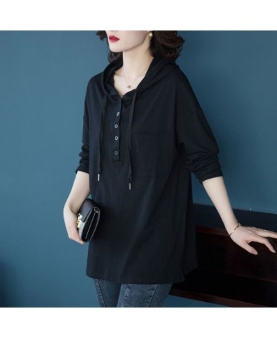 Autumn Winter Straight Pullovers Solid Casual Button Thin Long Sweatshirts Drawstring Hooded Women's Clothing 2022 Korean $31...