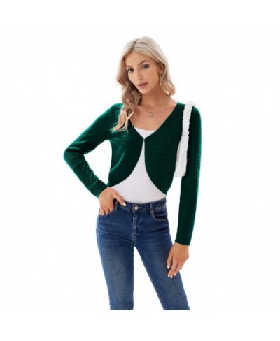 Women Horizontal Ribbed Bolero Long Sleeve V Neck Irregular Hem Knitted Shrug Open Front Knit Cropped Bolero Cardigan A30 $36...