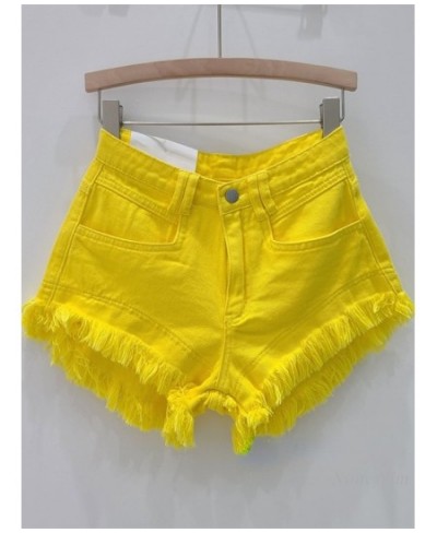 Girl Yellow Tassel Denim Shorts Women's Summer Burr Straight Loose Slimming High Waist A- Line Wide Leg Pants Shorts $48.52 -...