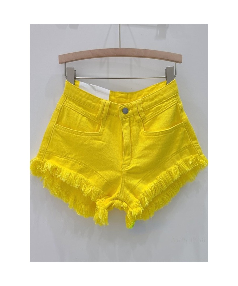 Girl Yellow Tassel Denim Shorts Women's Summer Burr Straight Loose Slimming High Waist A- Line Wide Leg Pants Shorts $48.52 -...