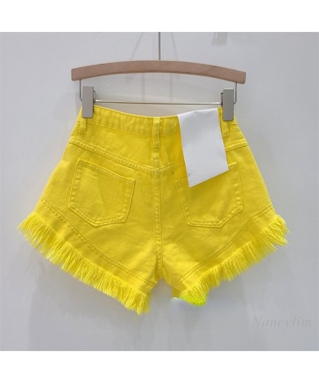 Girl Yellow Tassel Denim Shorts Women's Summer Burr Straight Loose Slimming High Waist A- Line Wide Leg Pants Shorts $48.52 -...