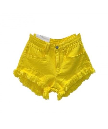 Girl Yellow Tassel Denim Shorts Women's Summer Burr Straight Loose Slimming High Waist A- Line Wide Leg Pants Shorts $48.52 -...