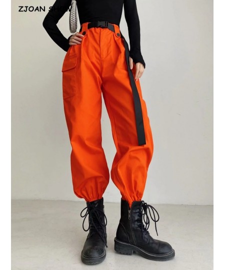 Y2K Orange Overalls Multi-pocket Women's BF Loose Straight Sports Thin Jazz Pants Black Belt Trousers Casual Korean Clothes $...