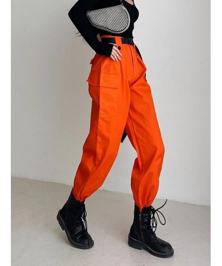 Y2K Orange Overalls Multi-pocket Women's BF Loose Straight Sports Thin Jazz Pants Black Belt Trousers Casual Korean Clothes $...