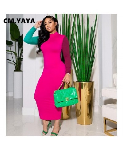 Women Dress Patchwork Full Sleeve Half High Collar Strechy Pencil Midi Dresses Casual Fashion Vestidos Summer Outfits $39.94 ...