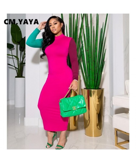 Women Dress Patchwork Full Sleeve Half High Collar Strechy Pencil Midi Dresses Casual Fashion Vestidos Summer Outfits $39.94 ...