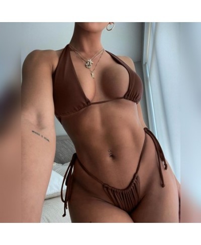 Women’s Sexy Two Piece Bikini Suits Fashion Solid Color Halter Tops and Tie-up Mid-waist Thong Clothing Beach Swimwears $21.6...