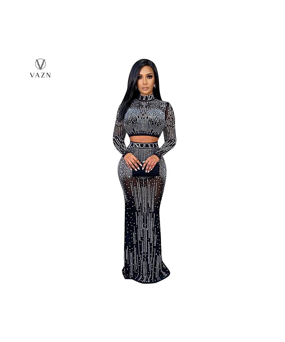 2023 Women New Sexy Club Party Style Sets Long Sleeve Short Elastic Floor Length Skirt Appliques Lady Dress Sets $56.29 - Sui...