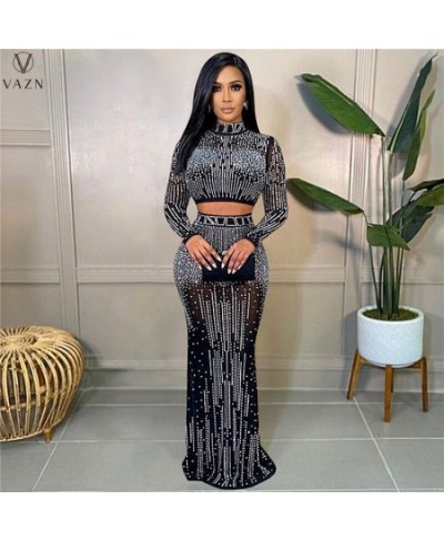 2023 Women New Sexy Club Party Style Sets Long Sleeve Short Elastic Floor Length Skirt Appliques Lady Dress Sets $56.29 - Sui...