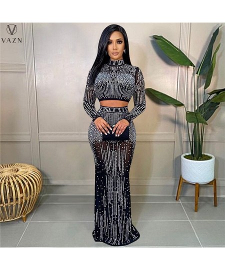 2023 Women New Sexy Club Party Style Sets Long Sleeve Short Elastic Floor Length Skirt Appliques Lady Dress Sets $56.29 - Sui...