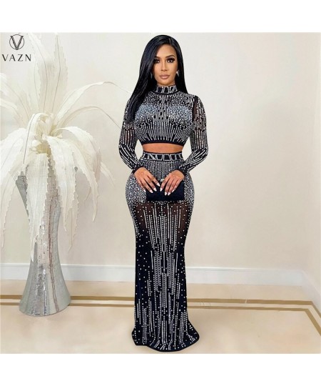 2023 Women New Sexy Club Party Style Sets Long Sleeve Short Elastic Floor Length Skirt Appliques Lady Dress Sets $56.29 - Sui...