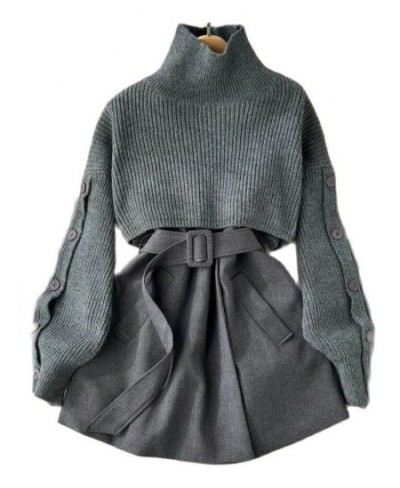 Autumn Winter Knit Two Piece Set Women's Single-breasted Turtleneck Cropped Pullover Sweater V-neck Vest Dress Solid Women Su...