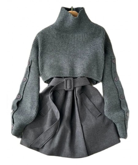 Autumn Winter Knit Two Piece Set Women's Single-breasted Turtleneck Cropped Pullover Sweater V-neck Vest Dress Solid Women Su...