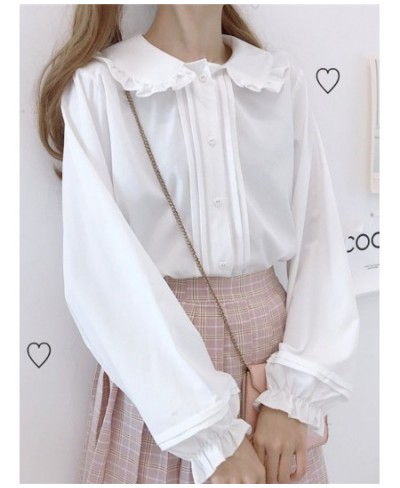 Lolita Shirt Kawaii Women White Long Sleeve Blouses Peter Pan Collar Ruffles Autumn Flare Sleeve Sweet Cute Female Tops $29.4...