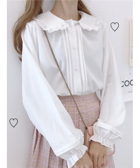 Lolita Shirt Kawaii Women White Long Sleeve Blouses Peter Pan Collar Ruffles Autumn Flare Sleeve Sweet Cute Female Tops $29.4...