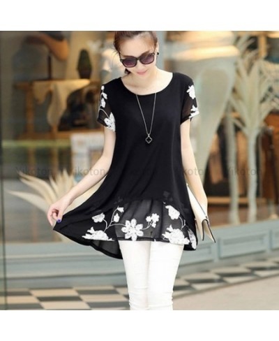 Summer Casual Shirt Women Blouse Loose Elegant 4XL O-Neck Short Sleeve Floral Fake 2 pieces Blouses Shirts White Blusas Tops ...