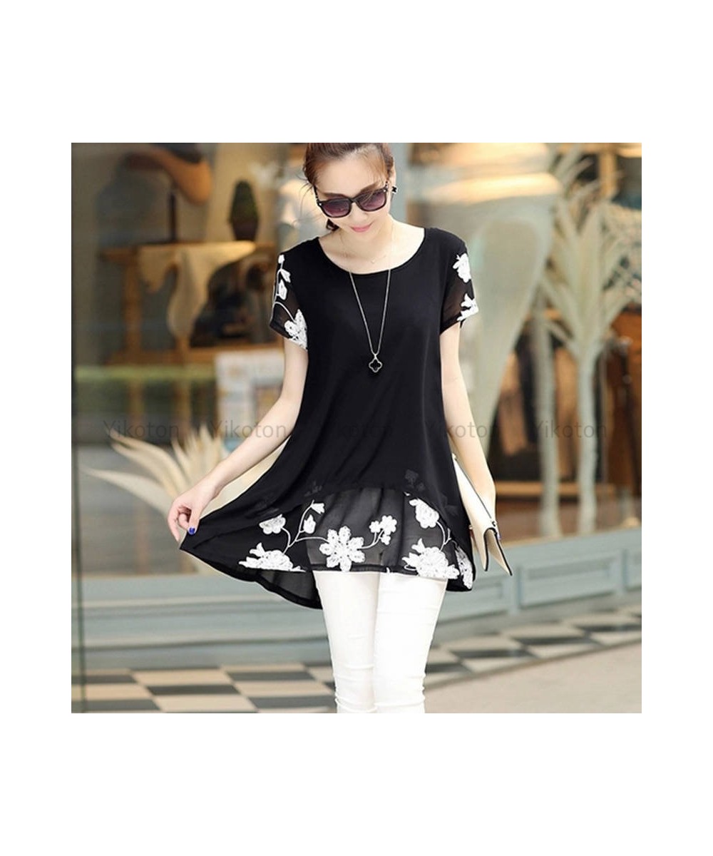 Summer Casual Shirt Women Blouse Loose Elegant 4XL O-Neck Short Sleeve Floral Fake 2 pieces Blouses Shirts White Blusas Tops ...