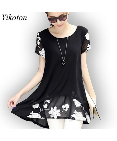 Summer Casual Shirt Women Blouse Loose Elegant 4XL O-Neck Short Sleeve Floral Fake 2 pieces Blouses Shirts White Blusas Tops ...