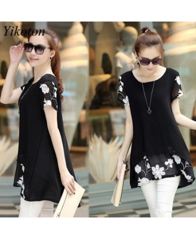 Summer Casual Shirt Women Blouse Loose Elegant 4XL O-Neck Short Sleeve Floral Fake 2 pieces Blouses Shirts White Blusas Tops ...