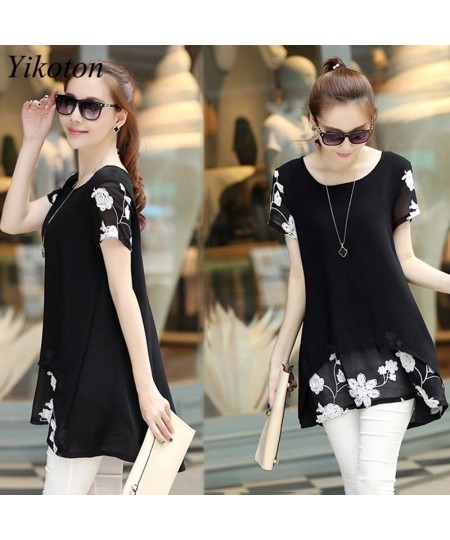 Summer Casual Shirt Women Blouse Loose Elegant 4XL O-Neck Short Sleeve Floral Fake 2 pieces Blouses Shirts White Blusas Tops ...