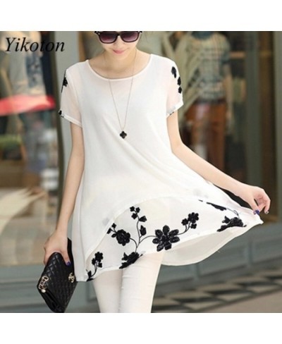 Summer Casual Shirt Women Blouse Loose Elegant 4XL O-Neck Short Sleeve Floral Fake 2 pieces Blouses Shirts White Blusas Tops ...