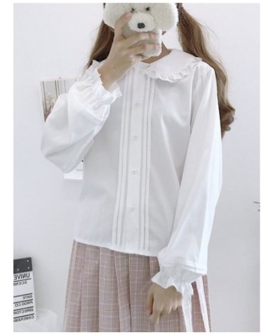 Lolita Shirt Kawaii Women White Long Sleeve Blouses Peter Pan Collar Ruffles Autumn Flare Sleeve Sweet Cute Female Tops $29.4...