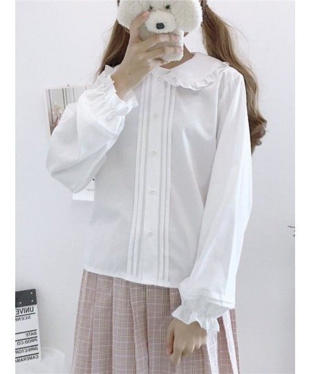 Lolita Shirt Kawaii Women White Long Sleeve Blouses Peter Pan Collar Ruffles Autumn Flare Sleeve Sweet Cute Female Tops $29.4...