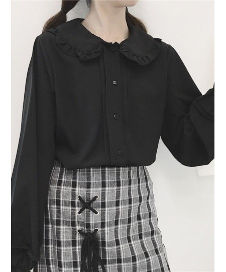 Lolita Shirt Kawaii Women White Long Sleeve Blouses Peter Pan Collar Ruffles Autumn Flare Sleeve Sweet Cute Female Tops $29.4...