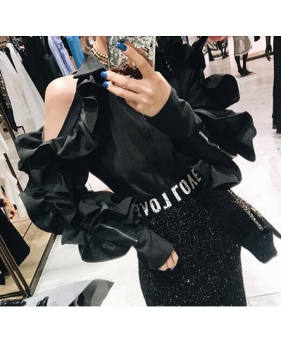 New design fashion women turn down solid color ruffles patchwork off shoulder zipper long sleeve blouse shirt tops S M L XL $...