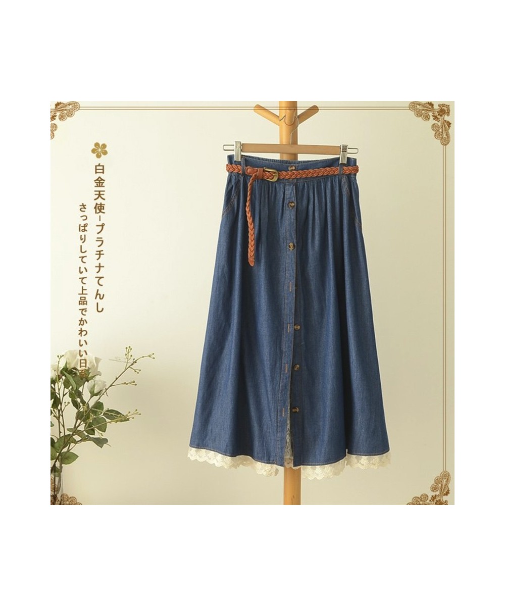 Mori Girl Casual Sweet Skirt Women Denim With Belt Solid Blue Lace Hem Female Vestido Mid Calf Skirt High Waist Skirts U157 $...