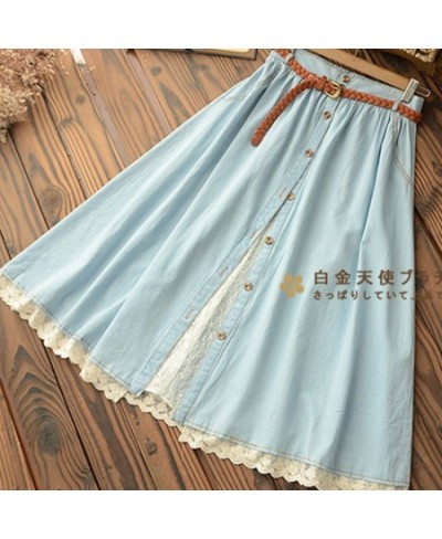 Mori Girl Casual Sweet Skirt Women Denim With Belt Solid Blue Lace Hem Female Vestido Mid Calf Skirt High Waist Skirts U157 $...