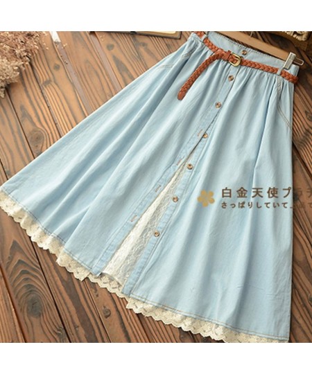 Mori Girl Casual Sweet Skirt Women Denim With Belt Solid Blue Lace Hem Female Vestido Mid Calf Skirt High Waist Skirts U157 $...