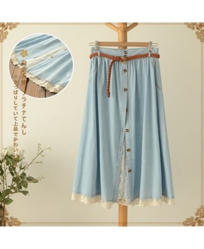 Mori Girl Casual Sweet Skirt Women Denim With Belt Solid Blue Lace Hem Female Vestido Mid Calf Skirt High Waist Skirts U157 $...