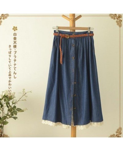 Mori Girl Casual Sweet Skirt Women Denim With Belt Solid Blue Lace Hem Female Vestido Mid Calf Skirt High Waist Skirts U157 $...