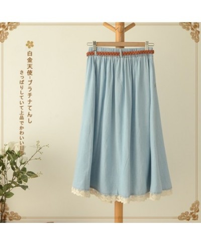 Mori Girl Casual Sweet Skirt Women Denim With Belt Solid Blue Lace Hem Female Vestido Mid Calf Skirt High Waist Skirts U157 $...