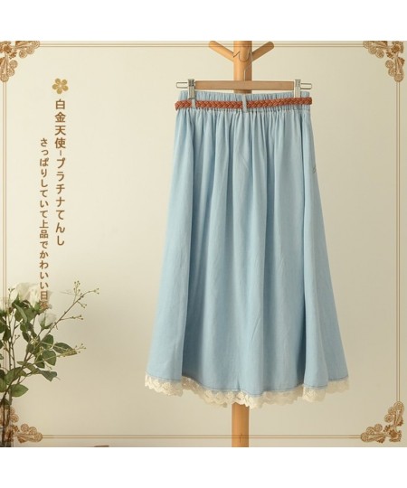 Mori Girl Casual Sweet Skirt Women Denim With Belt Solid Blue Lace Hem Female Vestido Mid Calf Skirt High Waist Skirts U157 $...