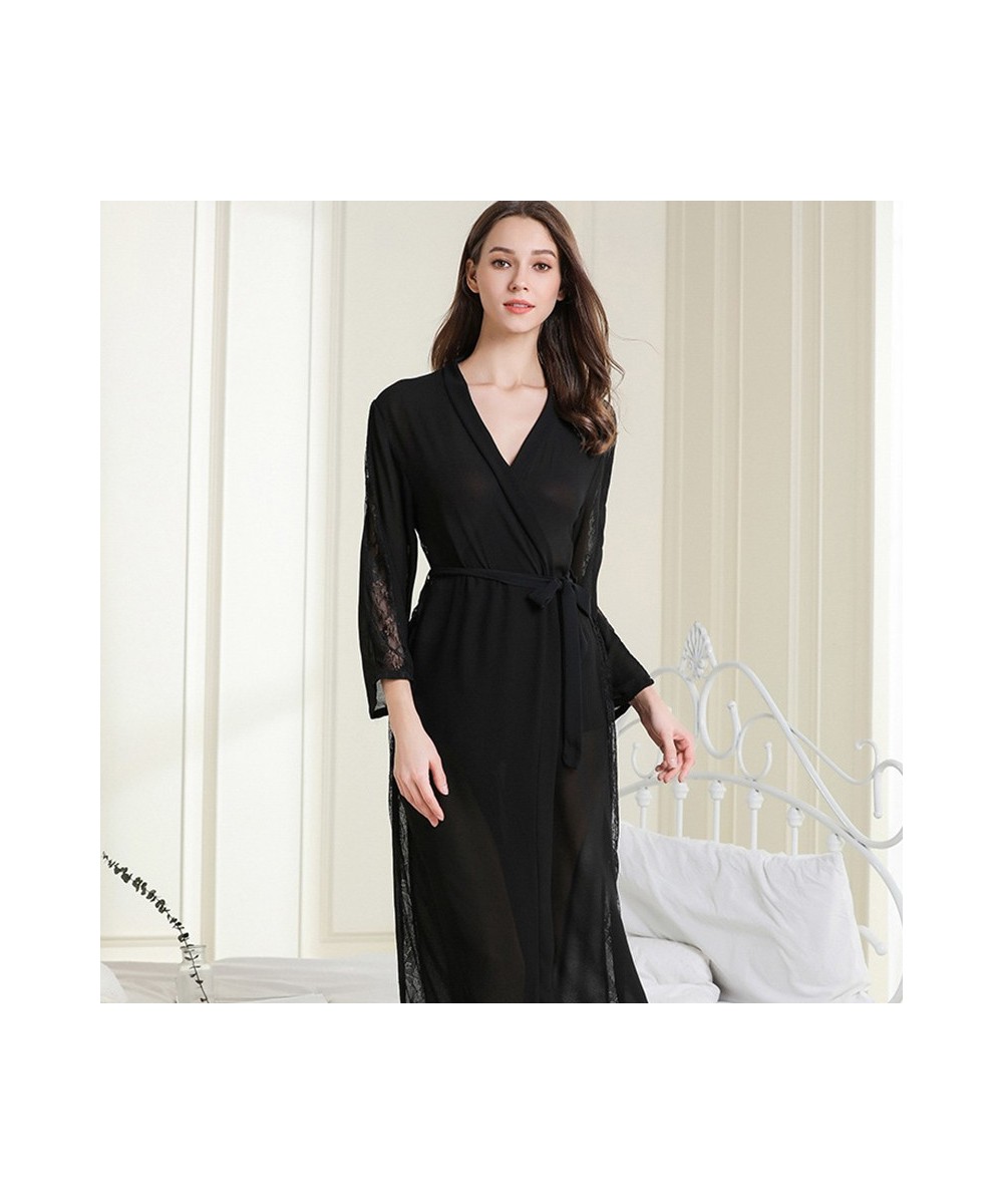 Robe Women Black Lace Edge Nightgown V Neck Sexy Sleep Dress Ice Silk Nightdress Home Clothing Long Sleeves Kimono Bathrobe $...