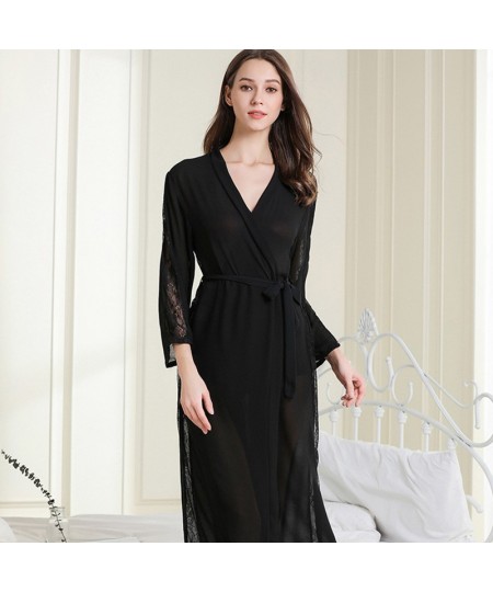 Robe Women Black Lace Edge Nightgown V Neck Sexy Sleep Dress Ice Silk Nightdress Home Clothing Long Sleeves Kimono Bathrobe $...